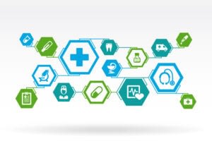 43380013 - hexagon abstract. medicine background with lines, polygons, and integrate flat icons. infographic concept with medical, health, healthcare, nurse, dna, pills connected symbols. vector illustration.