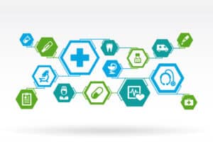 43380013 - hexagon abstract. medicine background with lines, polygons, and integrate flat icons. infographic concept with medical, health, healthcare, nurse, dna, pills connected symbols. vector illustration.